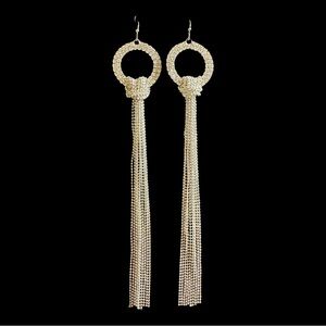 Natasha Earrings Sparkling Crystal Inlay Long Chain Tassel Silver Tone New